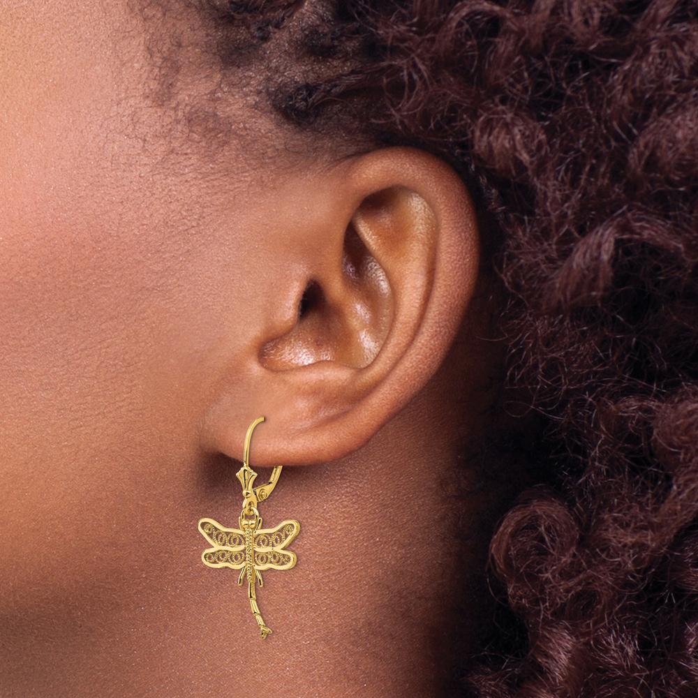14K Yellow Gold Dragonfly Filigree Dangle Earrings with Polished Finish - 37mm Length by 0