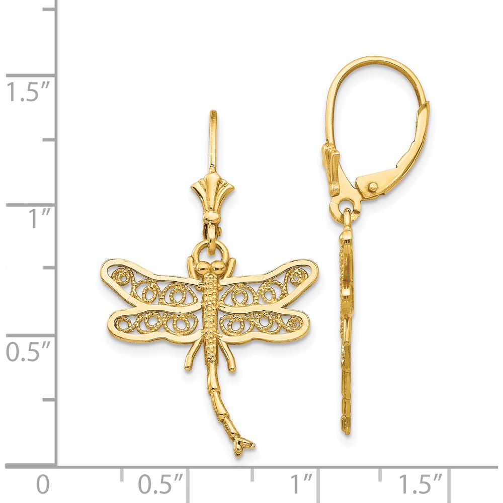 14K Yellow Gold Dragonfly Filigree Dangle Earrings with Polished Finish - 37mm Length by 0