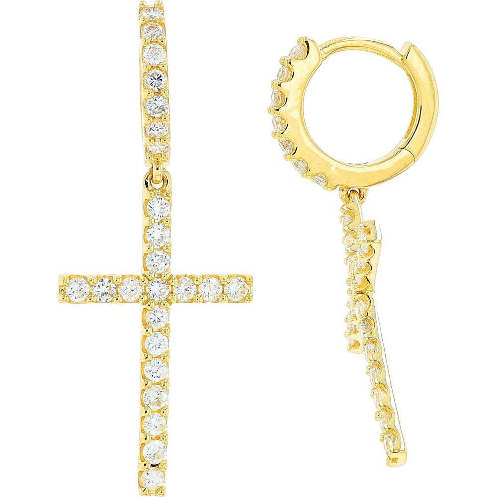 14K Yellow Gold Drop Cross Earrings with Prong-Set Round Brilliant Diamonds - 1.00 Carat Total Diamond Weight