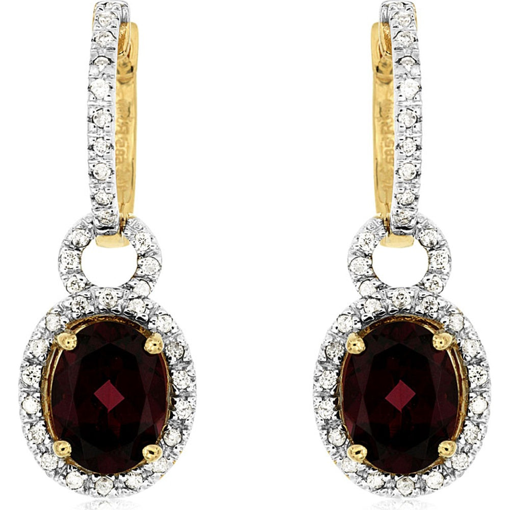 14K Yellow Gold Drop Earrings with 3.00 Carat Total Oval Rhodolite and 0.28 Carat Total Diamond Halo - Lever Back Design - Royal Jewelry