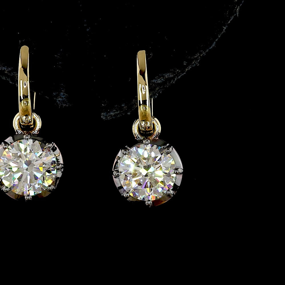 14K Yellow Gold Drop Earrings with 3.02 Carat Total Weight Round Brilliant Cut Lab Diamonds and Black Rhodium Accent - Covaloro Fine Jewelry