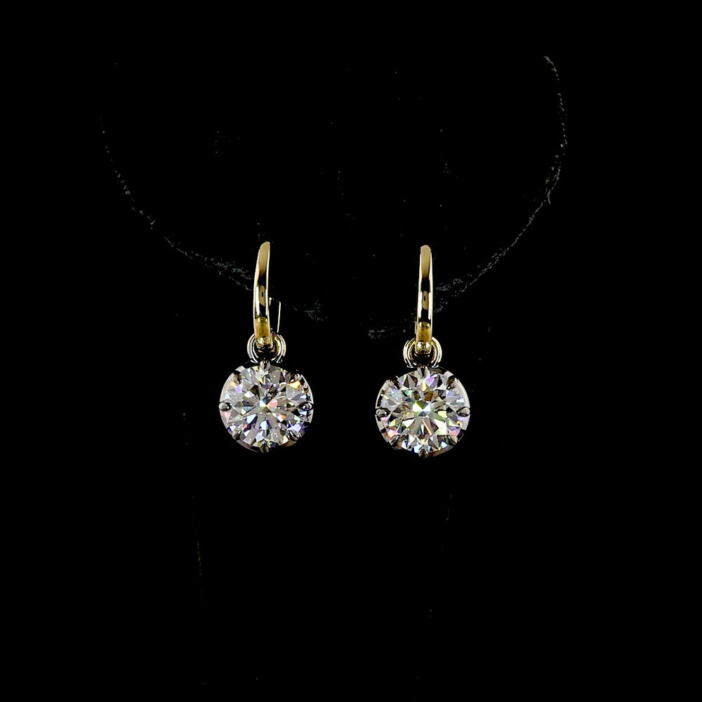 14K Yellow Gold Drop Earrings with 4.00 Carats Total Weight Round Brilliant Lab Diamonds, E-F Color VVS2 Clarity, Black Rhodium Prong & Bezel Setting - Covaloro Fine Jewelry