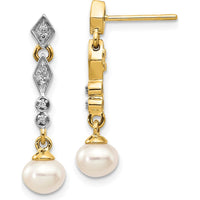 14K Yellow Gold Drop Earrings with 5-6mm Semi-Round Freshwater Pearls and 0.04 Carat Round Diamonds by Monteluci Fine Jewelry