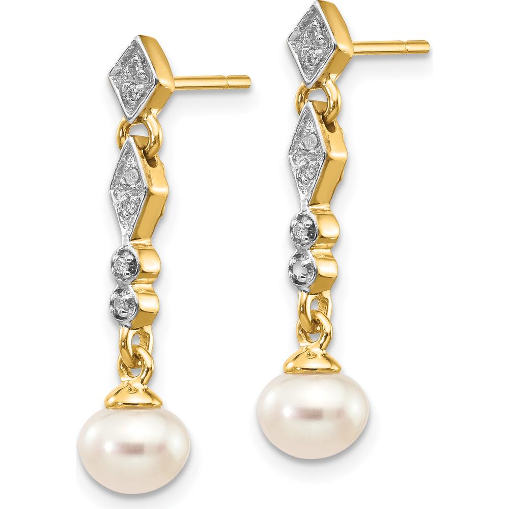 14K Yellow Gold Drop Earrings with 5-6mm Semi-Round Freshwater Pearls and 0.04 Carat Round Diamonds by Monteluci Fine Jewelry