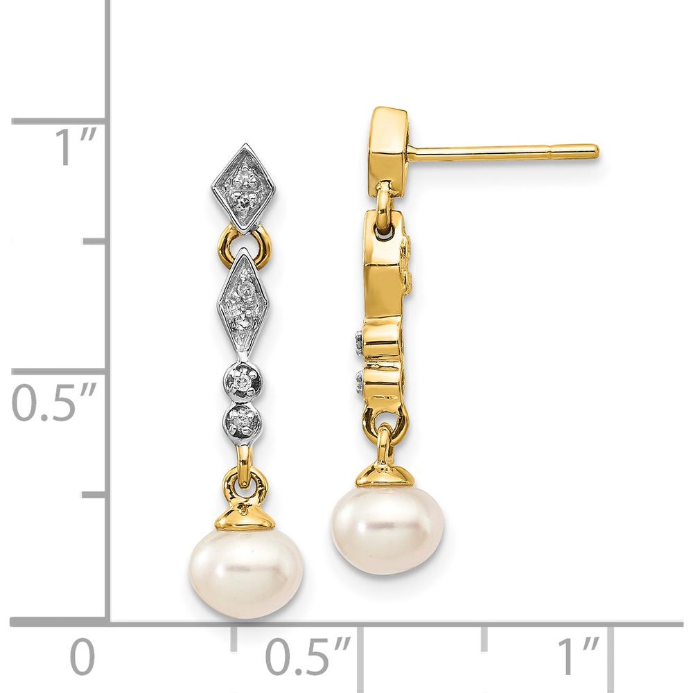 14K Yellow Gold Drop Earrings with 5-6mm Semi-Round Freshwater Pearls and 0.04 Carat Round Diamonds by Monteluci Fine Jewelry