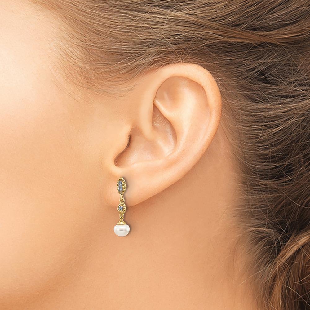 14K Yellow Gold Drop Earrings with 6-7mm Freshwater Pearls and 0.02 Carat Diamond Accents by Monteluci Fine Jewelry