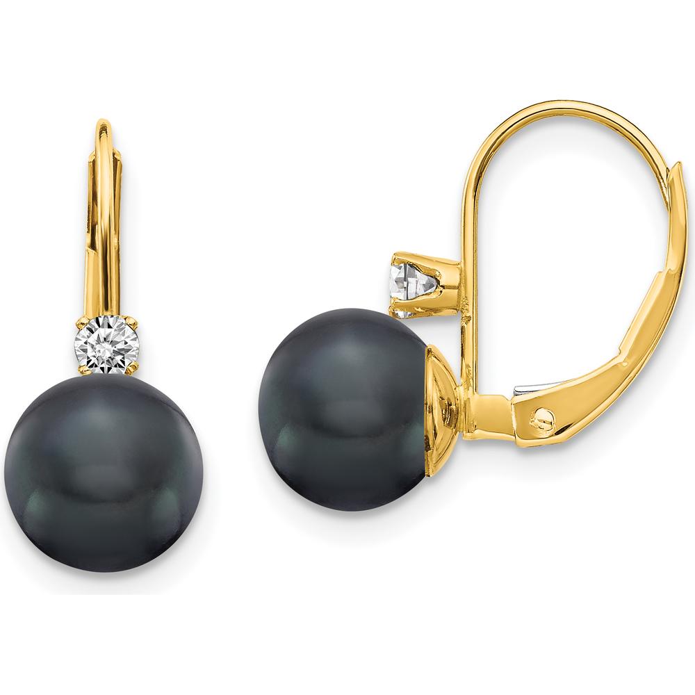 14K Yellow Gold Drop Earrings with 7-8mm Black Freshwater Cultured Pearls and 0.085 Carat Diamond - Pair by Monteluci Fine Jewelry