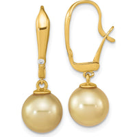 14K Yellow Gold Drop Earrings with 9-10mm Golden South Sea Cultured Pearls and 0.02 Carat Diamond Accent by Monteluci Fine Jewelry
