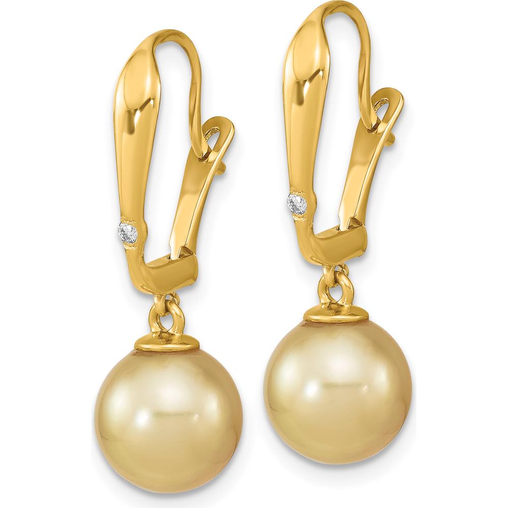 14K Yellow Gold Drop Earrings with 9-10mm Golden South Sea Cultured Pearls and 0.02 Carat Diamond Accent by Monteluci Fine Jewelry