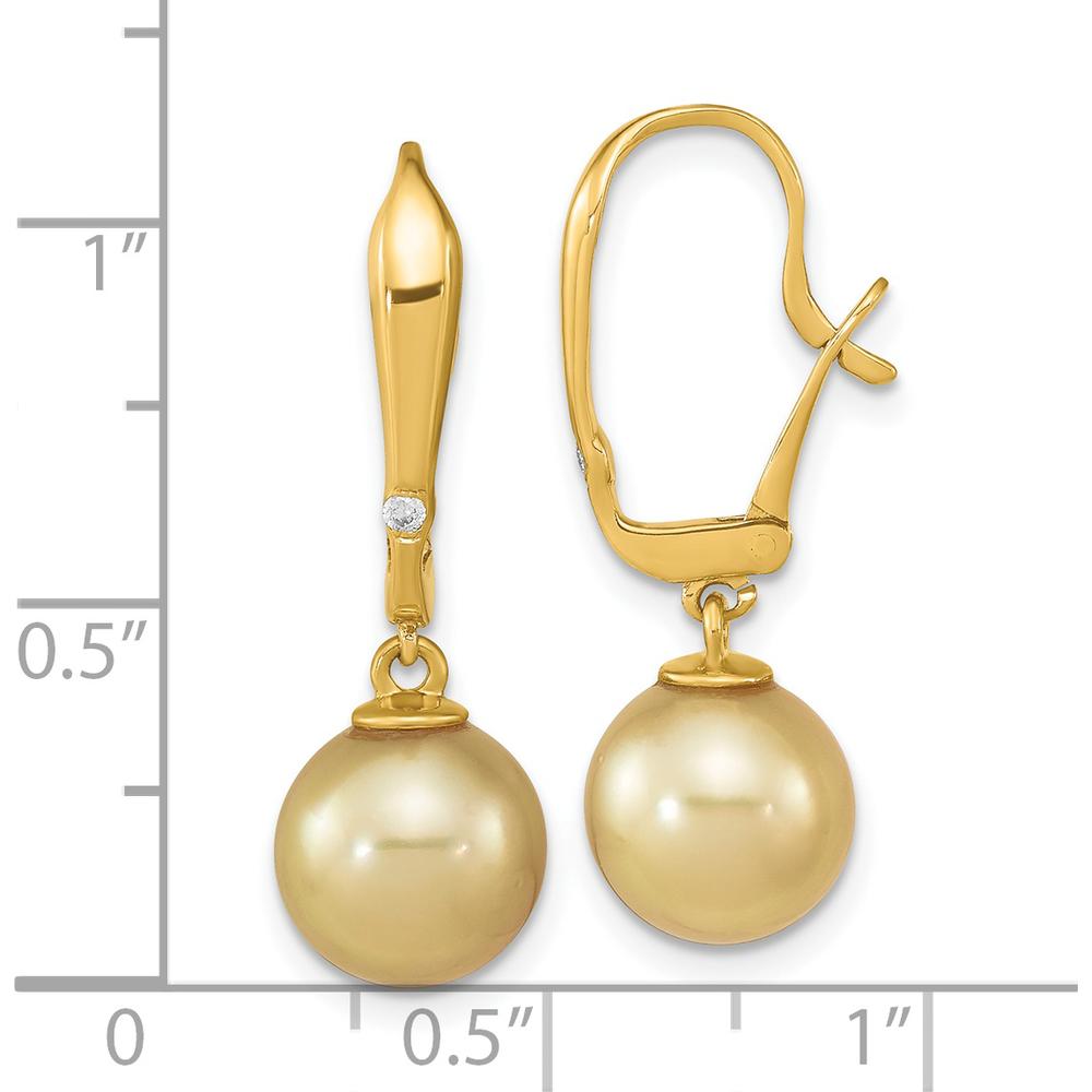 14K Yellow Gold Drop Earrings with 9-10mm Golden South Sea Cultured Pearls and 0.02 Carat Diamond Accent by Monteluci Fine Jewelry