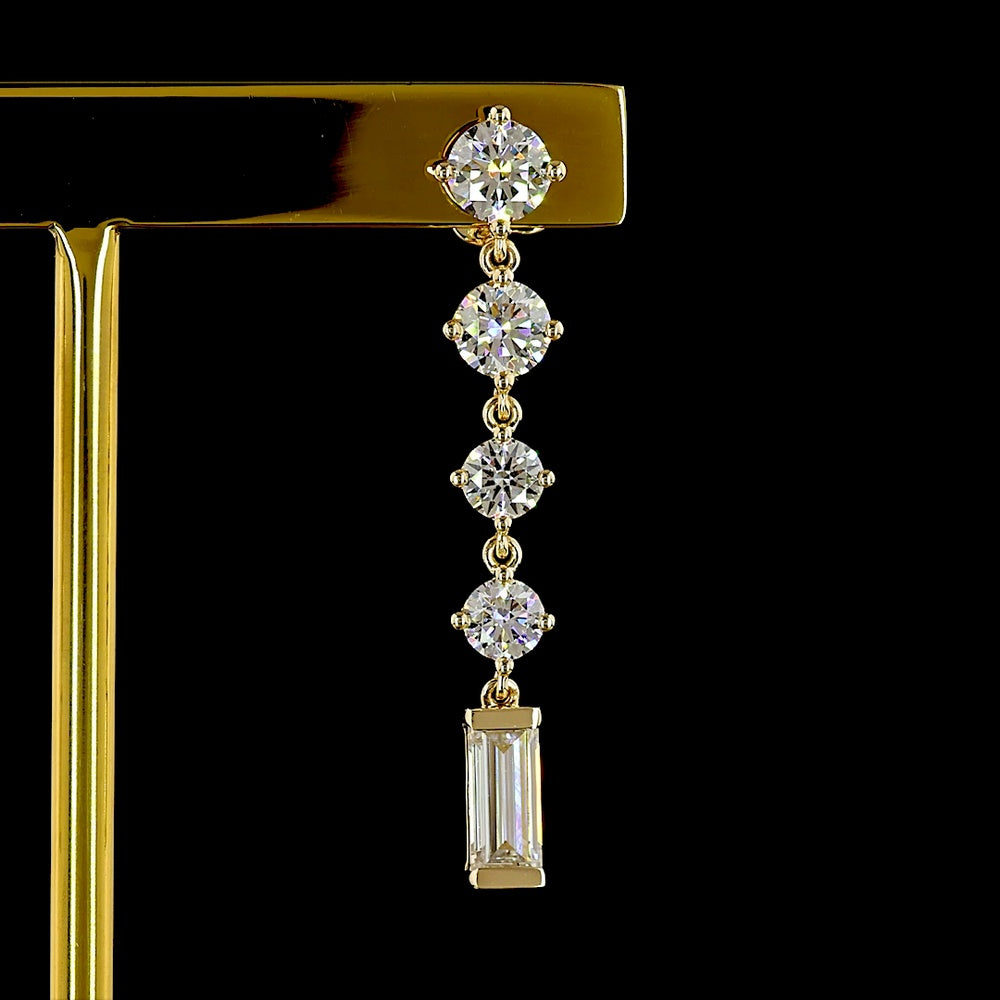 14K Yellow Gold Drop Earrings with Alternating Round and Baguette Lab Diamonds - 3.24 Carats Total Diamond Weight - Covaloro Fine Jewelry