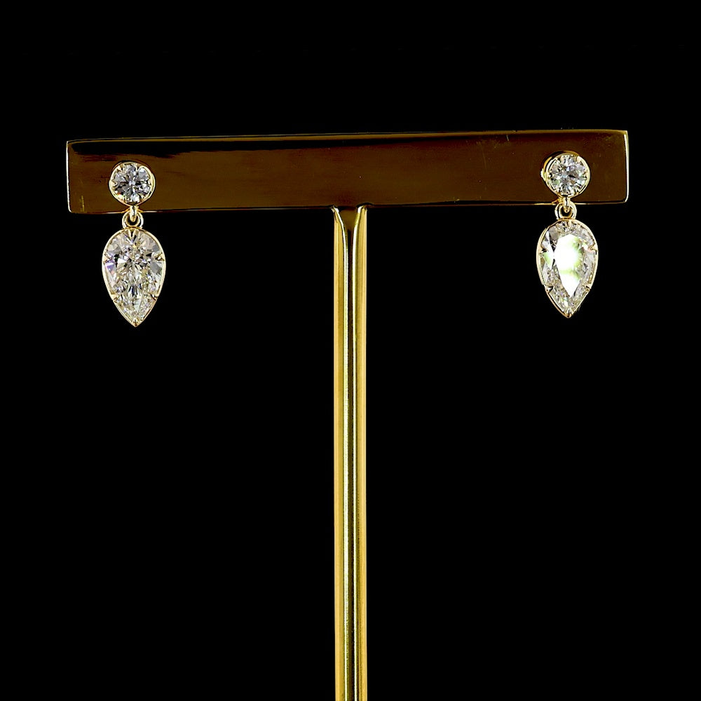 14K Yellow Gold Drop Earrings with Bezel Set Round and Pear Shaped Lab Diamonds - 1.71 Carats Total Diamond Weight - Covaloro Fine Jewelry