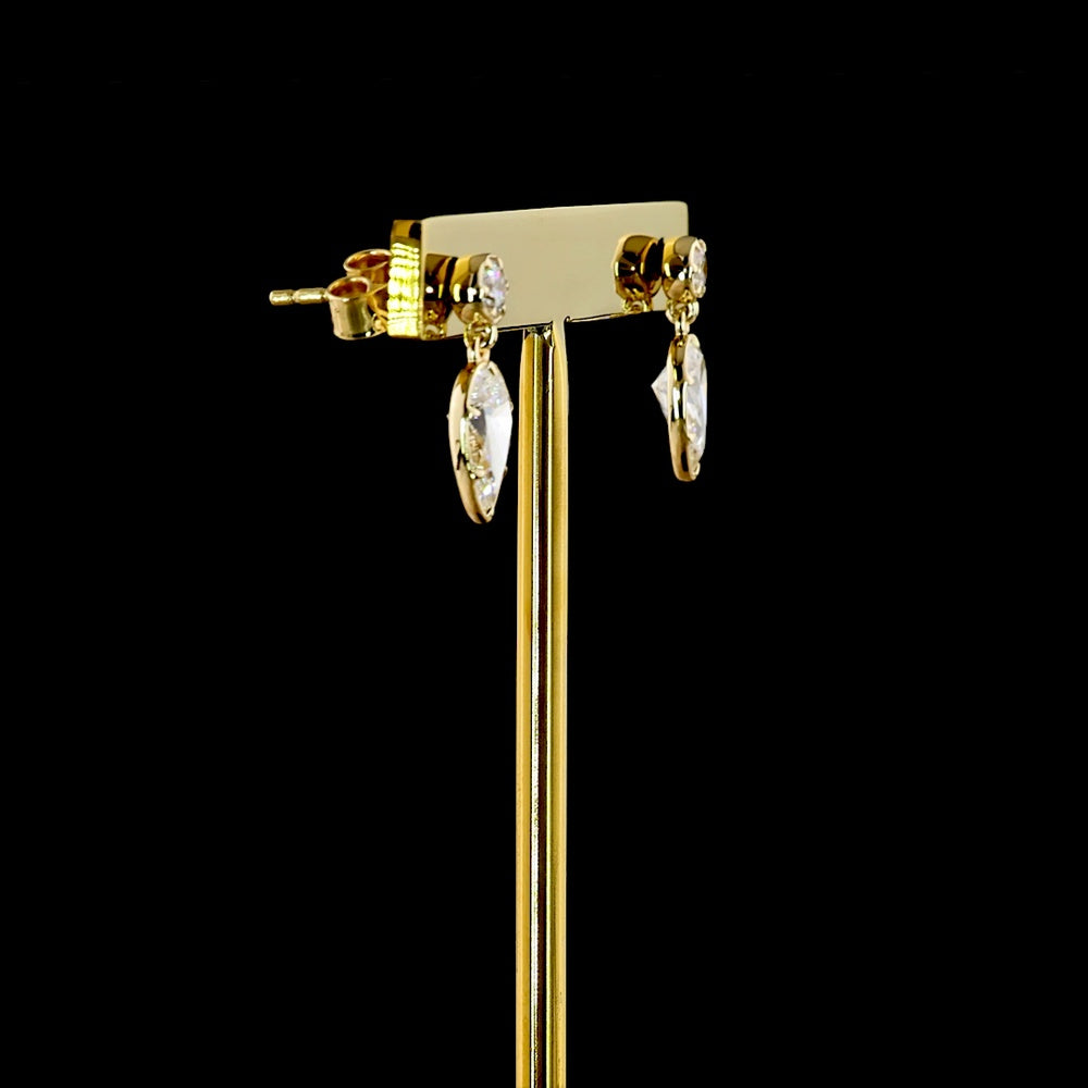 14K Yellow Gold Drop Earrings with Bezel Set Round and Pear Shaped Lab Diamonds - 1.71 Carats Total Diamond Weight - Covaloro Fine Jewelry