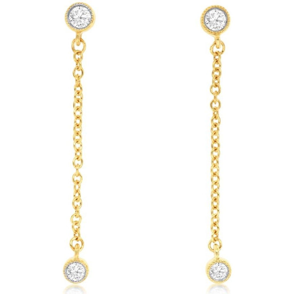 14K Yellow Gold Drop Earrings with Bezel-Set Round Diamonds and Milgrain Detailing - 0.20 Carat Total Diamond Weight - Royal Jewelry