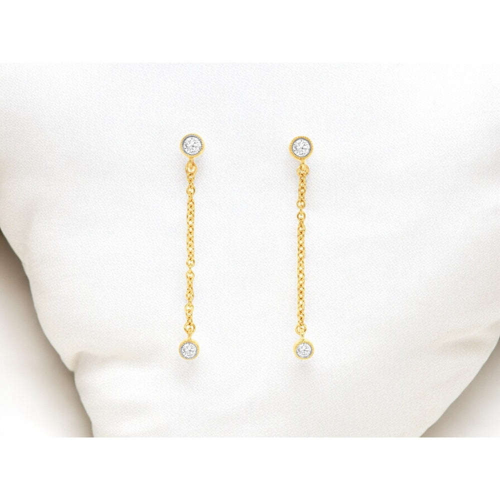 14K Yellow Gold Drop Earrings with Bezel-Set Round Diamonds and Milgrain Detailing - 0.20 Carat Total Diamond Weight - Royal Jewelry