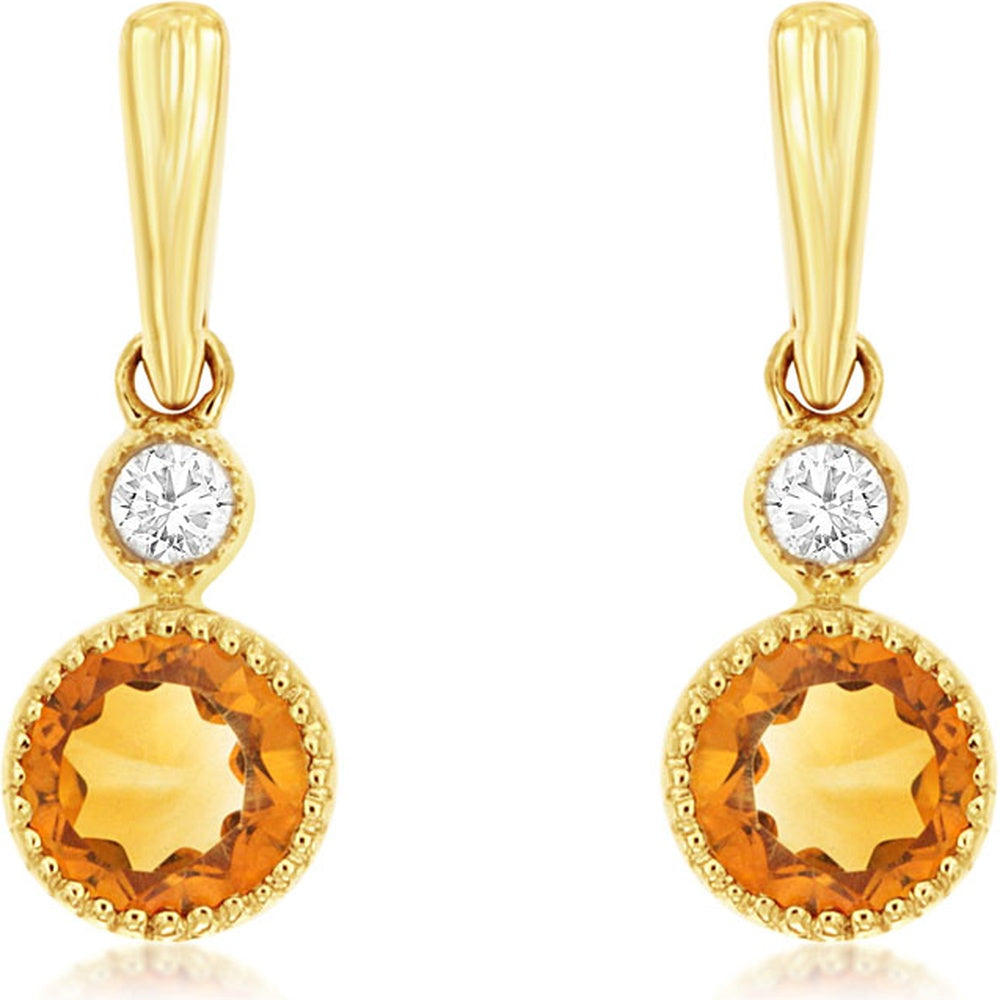 14K Yellow Gold Drop Earrings with Bezel-Set Round Diamonds and Milgrain-Trimmed Citrine Gemstones - 0.03 Carat Total Diamond Weight and 0.25 Carat Total Citrine Weight - Royal Jewelry