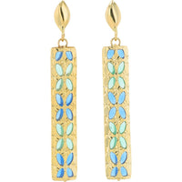 14K Yellow Gold Drop Earrings with Blue and Green Enamel Floral Accents - 4.00 Gram Total Weight
