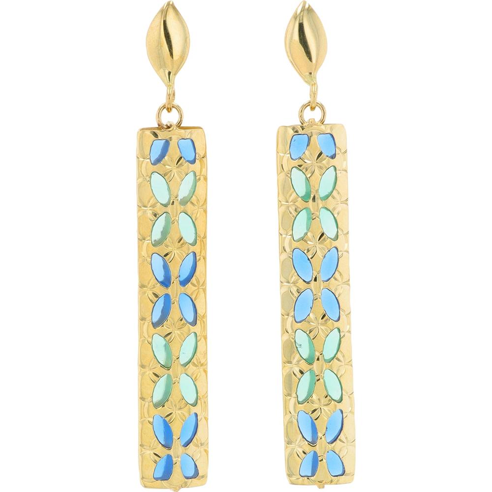 14K Yellow Gold Drop Earrings with Blue and Green Enamel Floral Accents - 4.00 Gram Total Weight