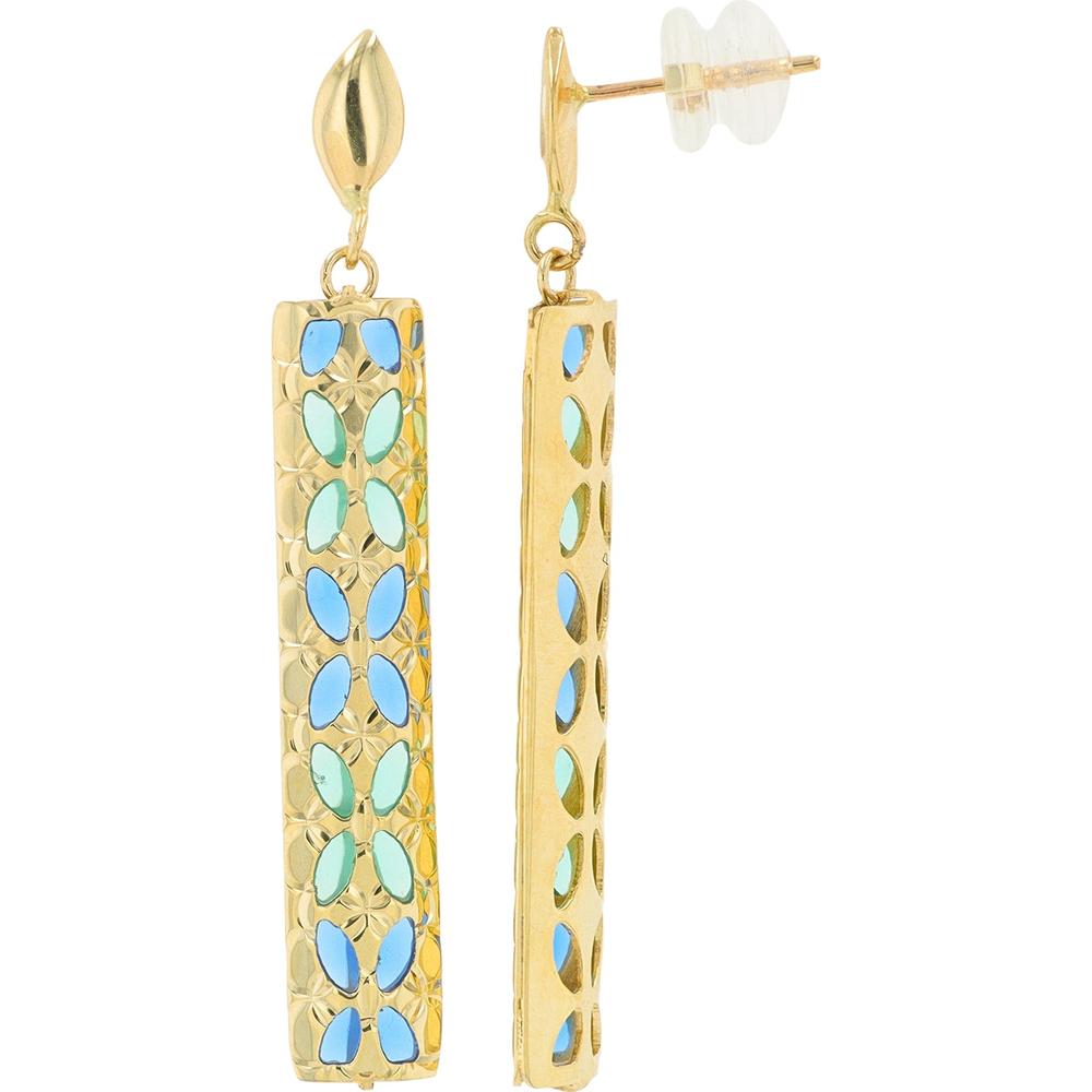 14K Yellow Gold Drop Earrings with Blue and Green Enamel Floral Accents - 4.00 Gram Total Weight