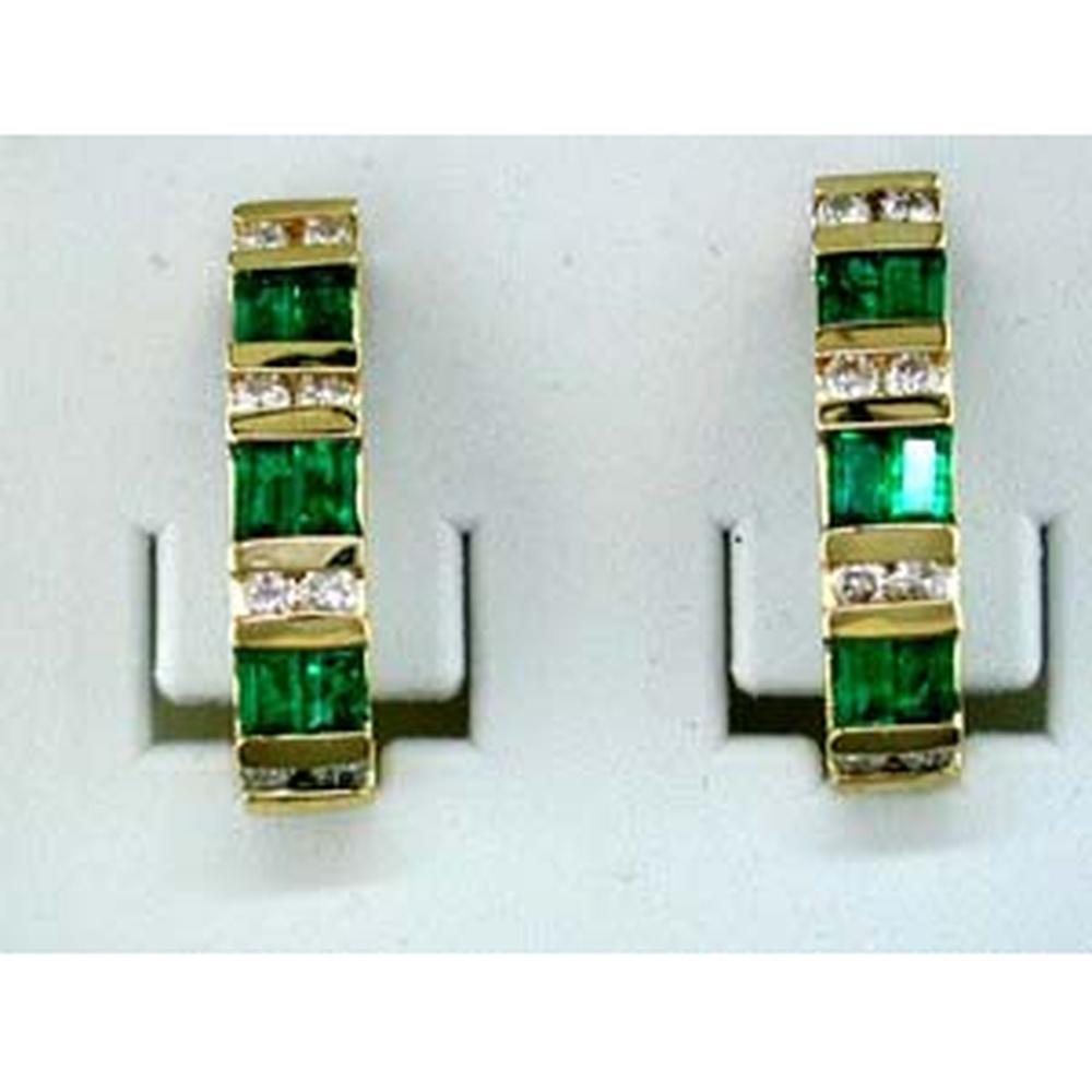 14K Yellow Gold Drop Earrings with Channel Set Baguette Cut Emeralds and Round Diamond Accents - 0.90 Carat Total Emerald Weight, 0.37 Carat Total Diamond Weight - Royal Jewelry