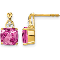 14K Yellow Gold Drop Earrings with Checkerboard Created Pink Sapphires and Round Diamonds - 1.68 Carat Total Gem Weight by Oro Pregiato