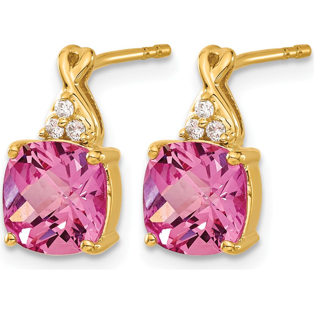 14K Yellow Gold Drop Earrings with Checkerboard Created Pink Sapphires and Round Diamonds - 1.68 Carat Total Gem Weight by Oro Pregiato
