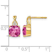 14K Yellow Gold Drop Earrings with Checkerboard Created Pink Sapphires and Round Diamonds - 1.68 Carat Total Gem Weight by Oro Pregiato