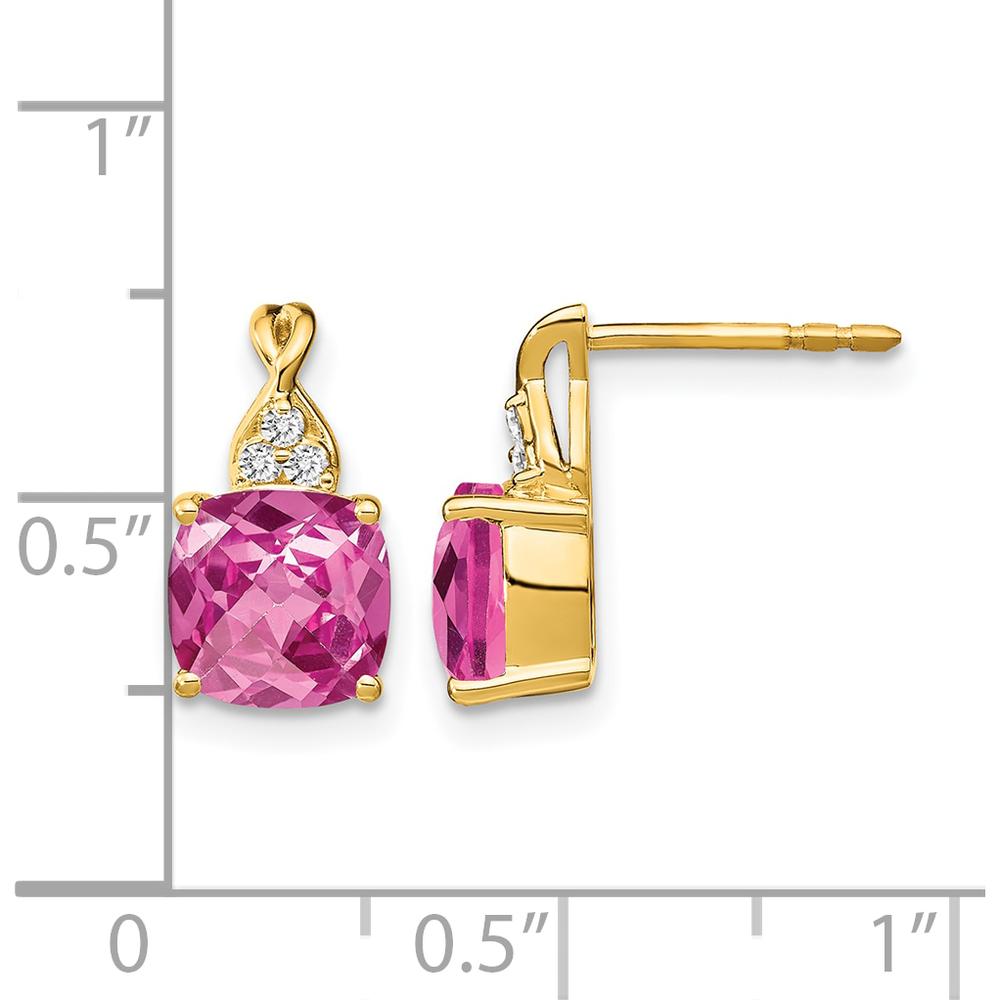 14K Yellow Gold Drop Earrings with Checkerboard Created Pink Sapphires and Round Diamonds - 1.68 Carat Total Gem Weight by Oro Pregiato