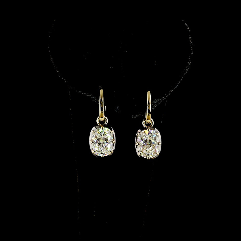 14K Yellow Gold Drop Earrings with Cushion Brilliant Cut Lab Diamonds - 4.13 Carat Total Diamond Weight (E-F Color, VS1 Clarity) - Covaloro Fine Jewelry