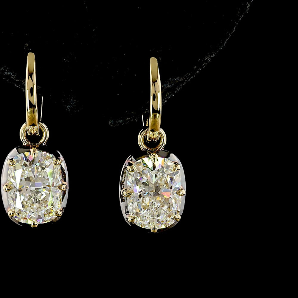 14K Yellow Gold Drop Earrings with Cushion Brilliant Cut Lab Diamonds - 4.13 Carat Total Diamond Weight (E-F Color, VS1 Clarity) - Covaloro Fine Jewelry