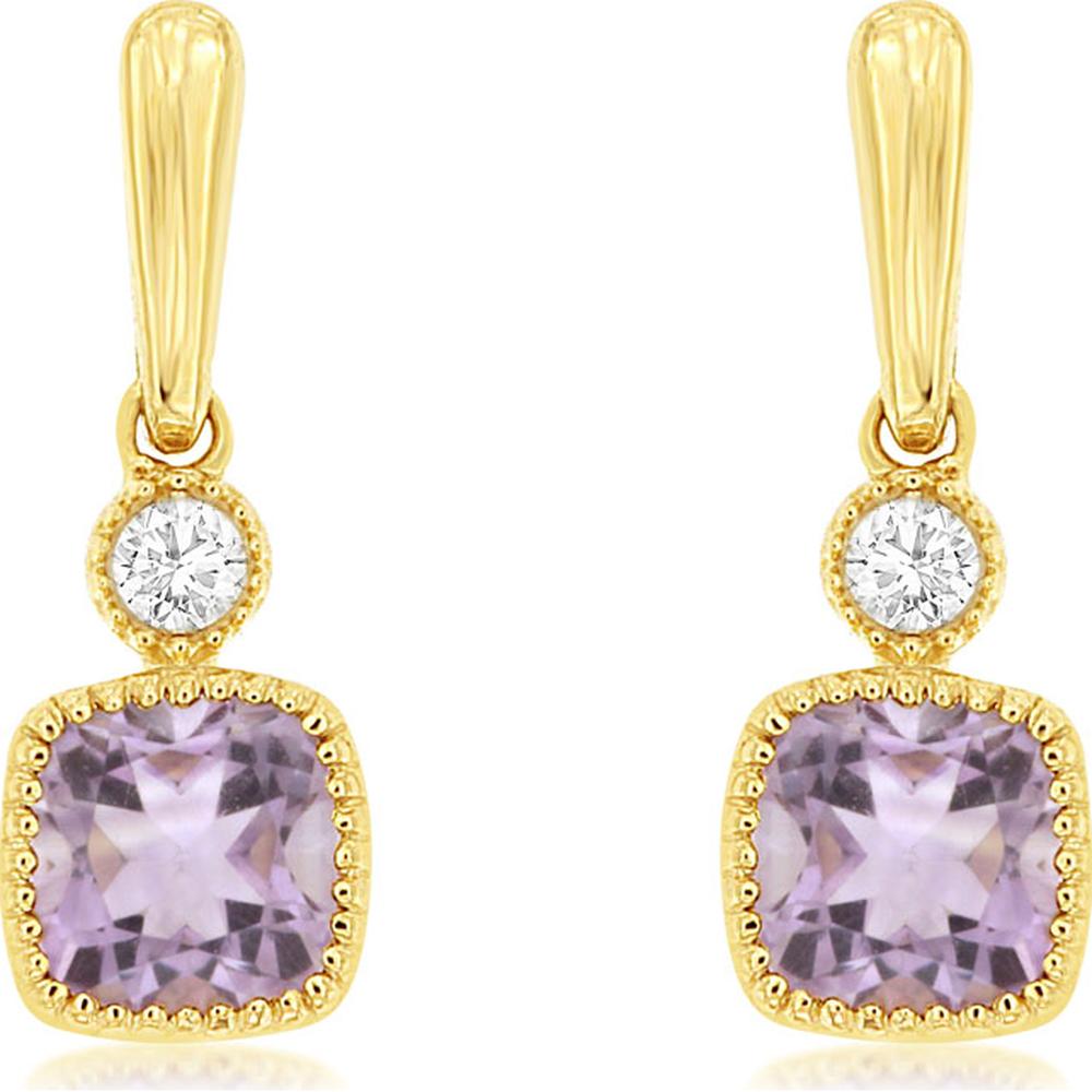 14K Yellow Gold Drop Earrings with Cushion Cut Amethyst and Round Diamond Accents - 0.30 Carat Total Amethyst Weight and 0.03 Carat Total Diamond Weight - Royal Jewelry