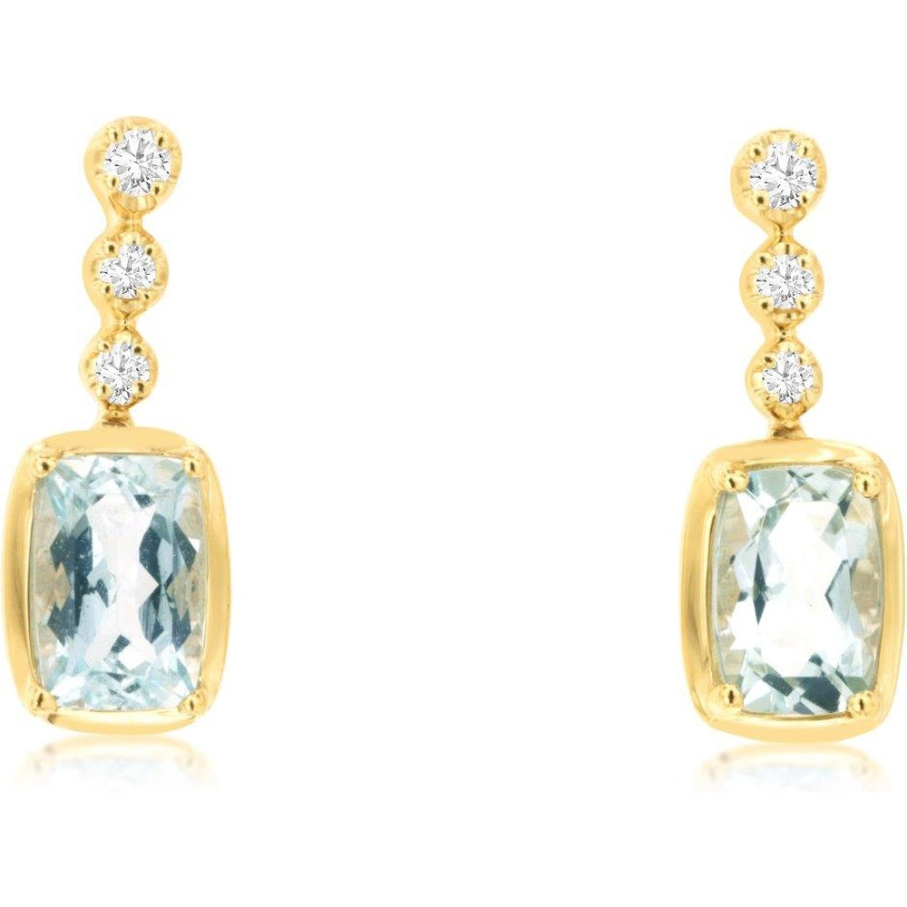 14K Yellow Gold Drop Earrings with Cushion-Cut Aquamarine and Three-Station Round Diamonds - 0.95 Carat Total Aquamarine Weight - Royal Jewelry