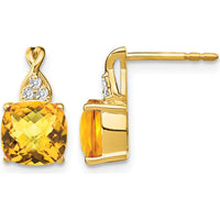 14K Yellow Gold Drop Earrings with Cushion Cut Checkerboard Citrine and Round Diamonds - 1.68 Carat Total Citrine Weight by Oro Pregiato