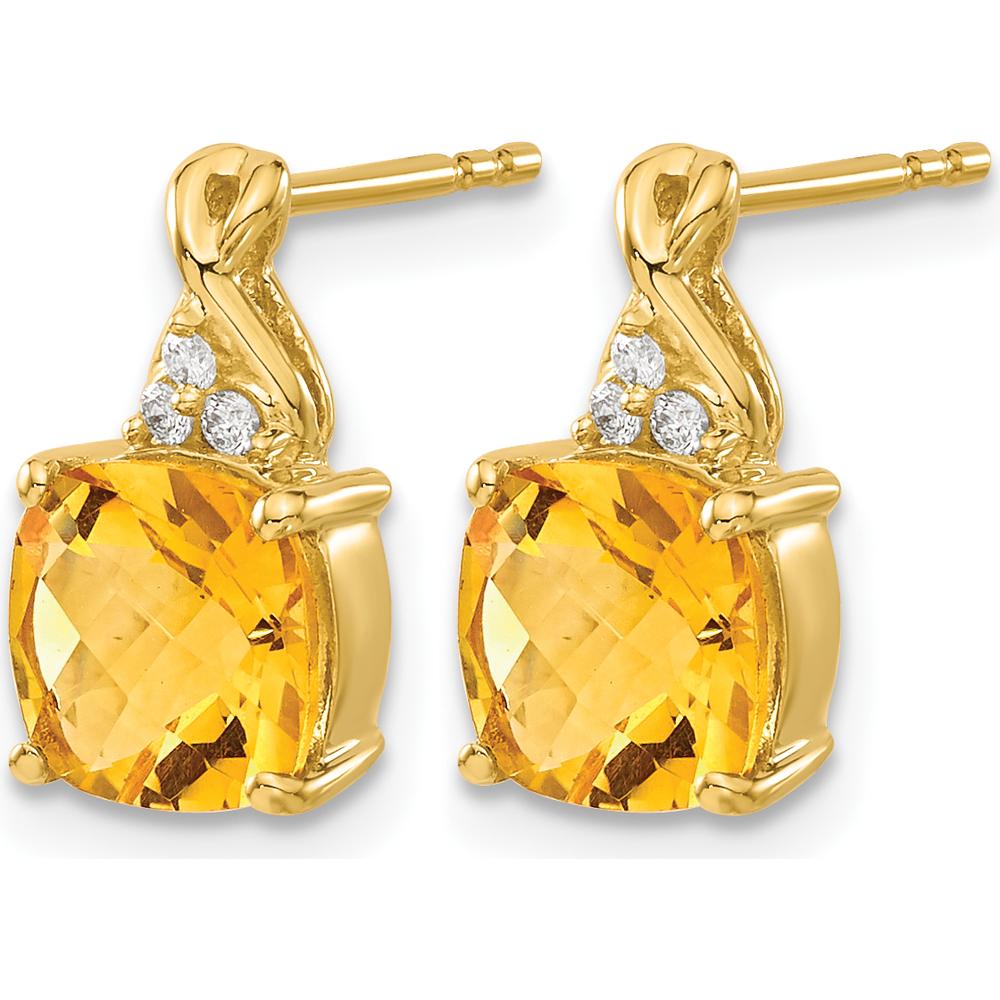 14K Yellow Gold Drop Earrings with Cushion Cut Checkerboard Citrine and Round Diamonds - 1.68 Carat Total Citrine Weight by Oro Pregiato