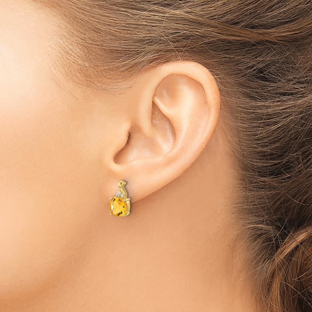 14K Yellow Gold Drop Earrings with Cushion Cut Checkerboard Citrine and Round Diamonds - 1.68 Carat Total Citrine Weight by Oro Pregiato