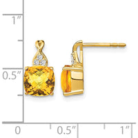 14K Yellow Gold Drop Earrings with Cushion Cut Checkerboard Citrine and Round Diamonds - 1.68 Carat Total Citrine Weight by Oro Pregiato