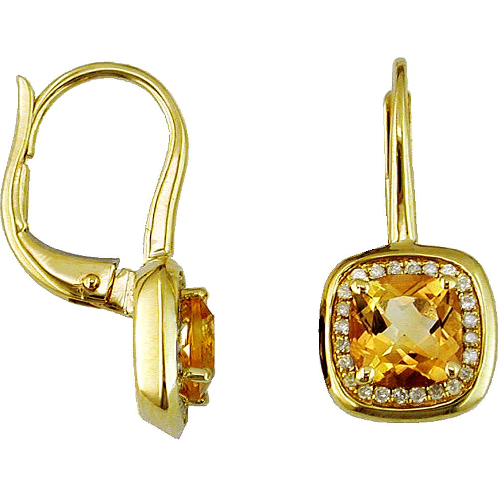 14K Yellow Gold Drop Earrings with Cushion Cut Citrine and Round Diamond Halo - 1.90 Carat Total Citrine Weight & 0.16 Carat Total Diamond Weight - Royal Jewelry