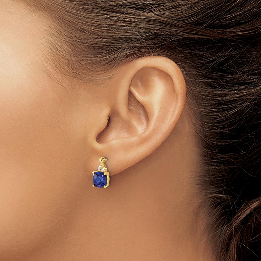 14K Yellow Gold Drop Earrings with Cushion-Cut Created Sapphires and Round Diamonds - 1.682 Carat Total Gem Weight by Oro Pregiato