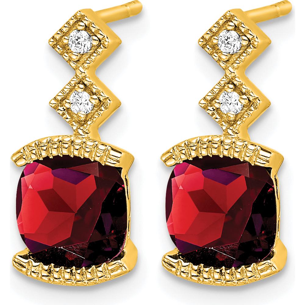14K Yellow Gold Drop Earrings with Cushion Cut Garnet - 1.18 Carat Total Gem Weight and Round Diamond Accents by Monteluci Fine Jewelry