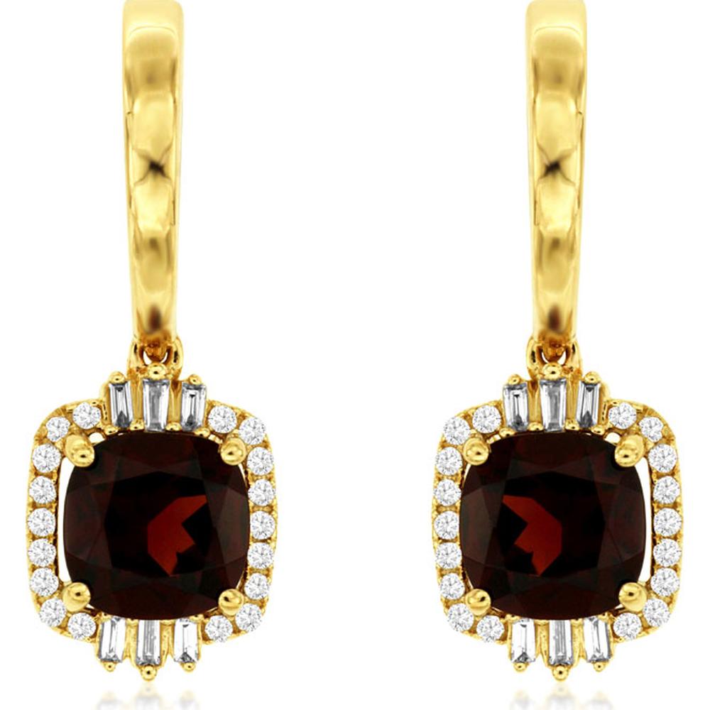 14K Yellow Gold Drop Earrings with Cushion Cut Garnet and Diamond Halo - 3.30 Carat Total Garnet Weight, 0.29 Carat Total Diamond Weight - Royal Jewelry