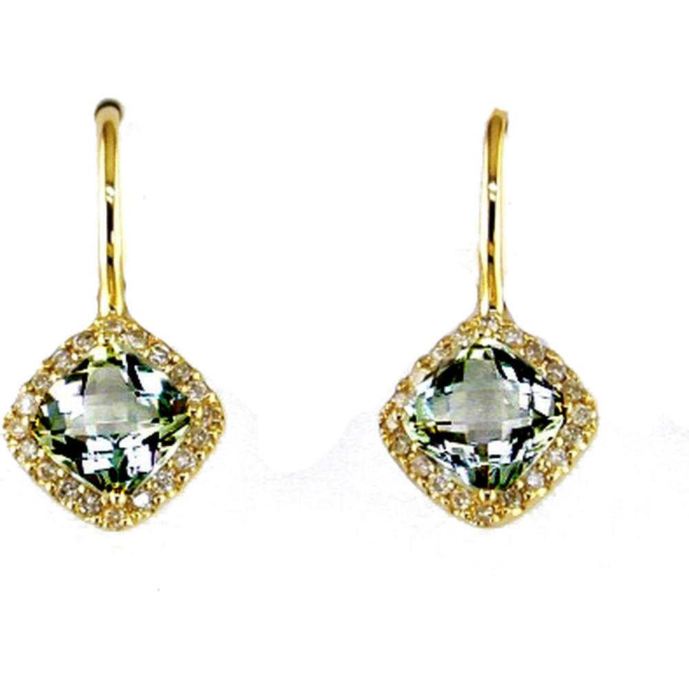 14K Yellow Gold Drop Earrings with Cushion Cut Green Amethyst and Round Diamond Halo Accents - 2.00 Carat Total Green Amethyst Weight and 0.22 Carat Total Diamond Weight - Royal Jewelry
