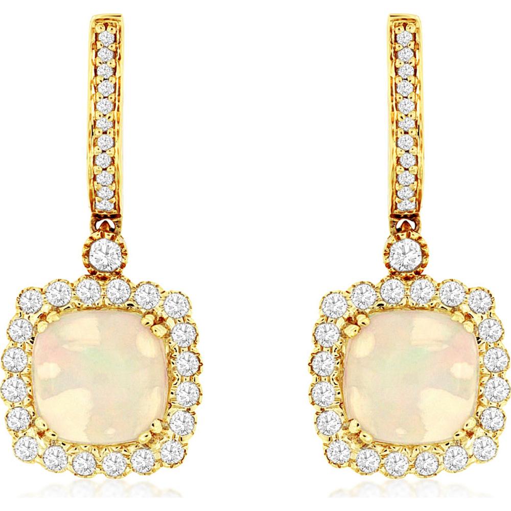 14K Yellow Gold Drop Earrings with Cushion Cut Opals and Diamond Halo Accents - 2.80 Carat Total Opal Weight and 0.68 Carat Total Diamond Weight - Royal Jewelry