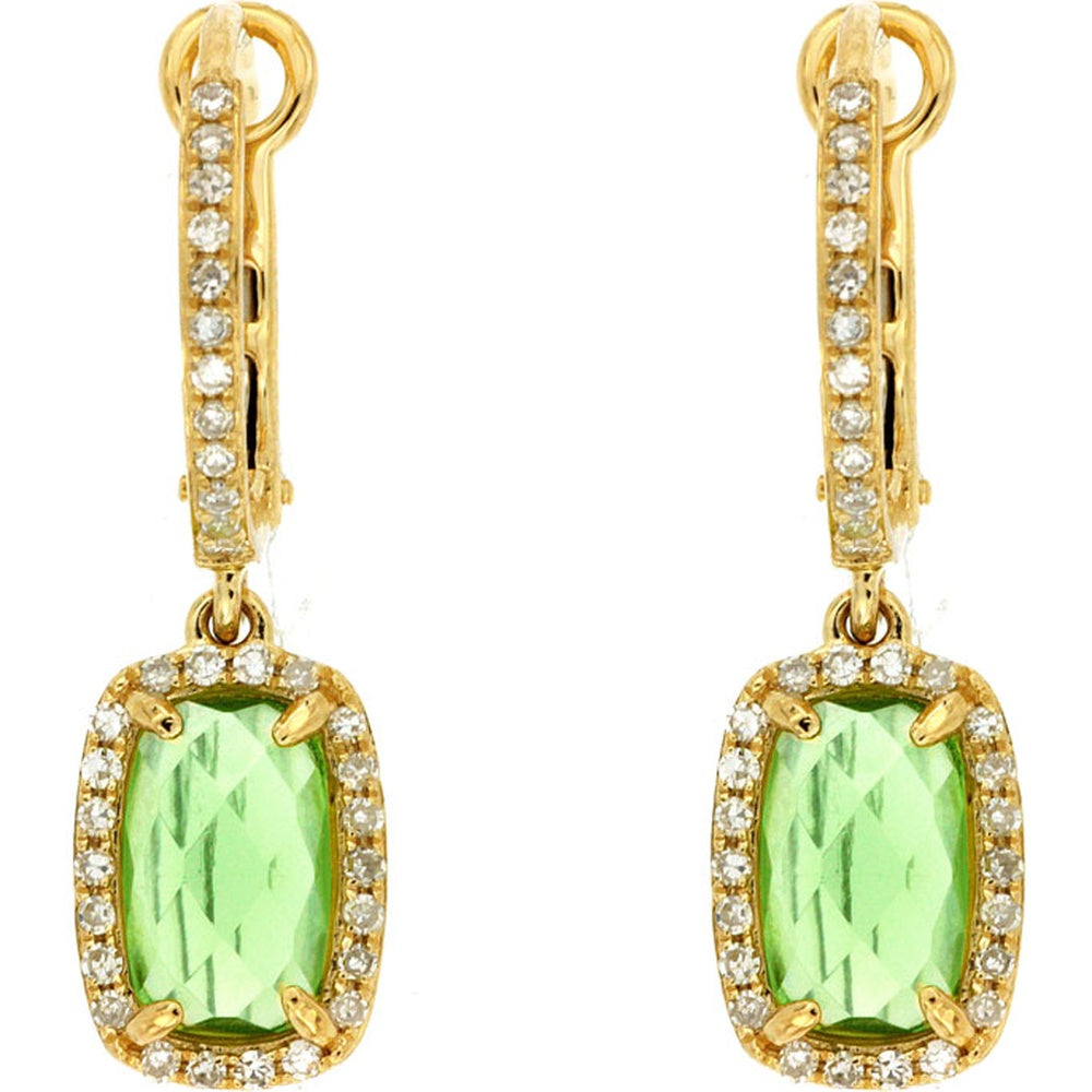 14K Yellow Gold Drop Earrings with Cushion Cut Peridot and Diamond Halo - 2.30 Carat Total Peridot Weight and 0.26 Carat Total Diamond Weight - Royal Jewelry