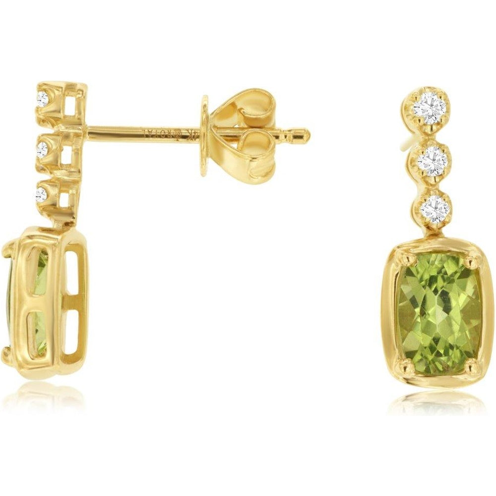14K Yellow Gold Drop Earrings with Cushion-Cut Peridot and Round Diamond Accents - 1.00 Carat Total Peridot Weight and 0.10 Carat Total Diamond Weight - Royal Jewelry
