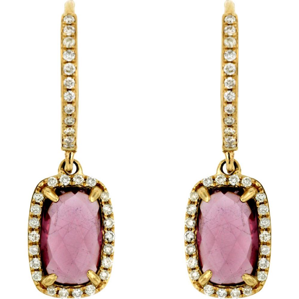 14K Yellow Gold Drop Earrings with Cushion Cut Rhodolite and Diamond Halos - 2.80 Carat Rhodolite Total Weight, 0.26 Carat Total Diamond Weight - Royal Jewelry