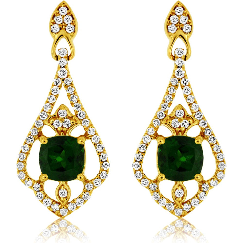 14K Yellow Gold Drop Earrings with Cushion-Cut Russalite and Diamond Halo - 1.20 Carat Total Russalite Weight and 0.38 Carat Total Diamond Weight - Royal Jewelry