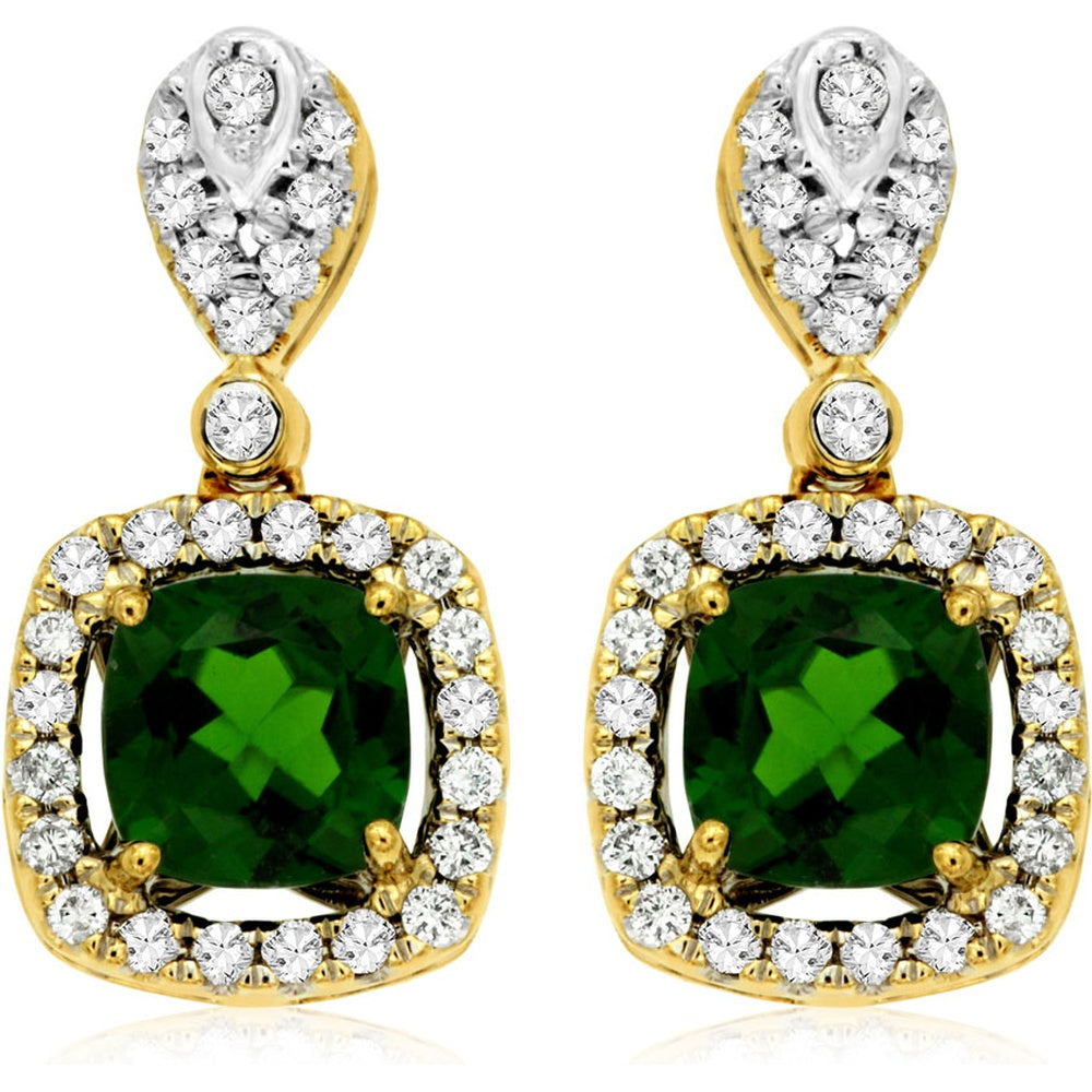 14K Yellow Gold Drop Earrings with Cushion-Cut Russalite and Diamond Halo - 2.00 Carat Total Russalite Weight and 0.42 Carat Total Diamond Weight - Royal Jewelry