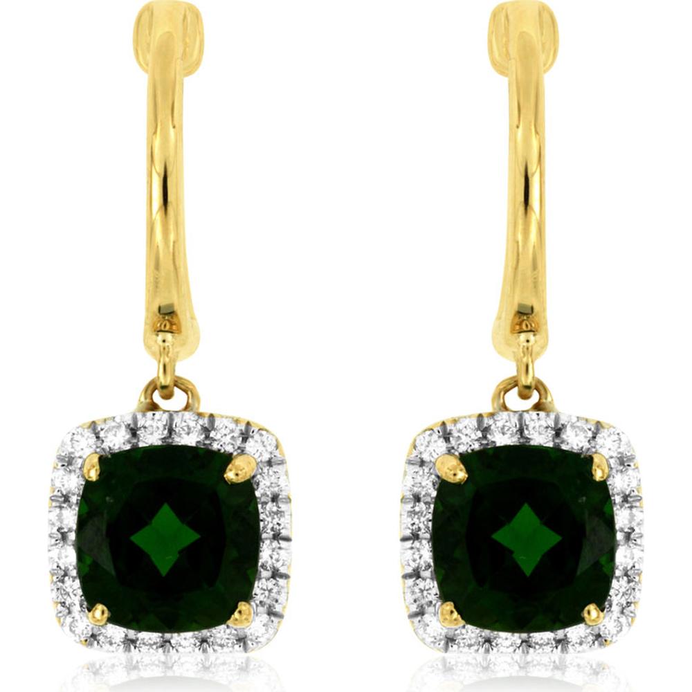 14K Yellow Gold Drop Earrings with Cushion Cut Russalite and Diamond Halos - 2.00 Carat Total Russalite Weight and 0.21 Carat Total Diamond Weight - Royal Jewelry
