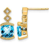 14K Yellow Gold Drop Earrings with Cushion Cut Swiss Blue Topaz and Round Diamonds - 1.19 Carat Total Gem Weight by Monteluci Fine Jewelry