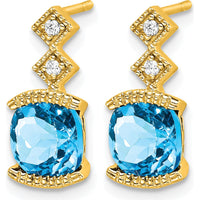 14K Yellow Gold Drop Earrings with Cushion Cut Swiss Blue Topaz and Round Diamonds - 1.19 Carat Total Gem Weight by Monteluci Fine Jewelry